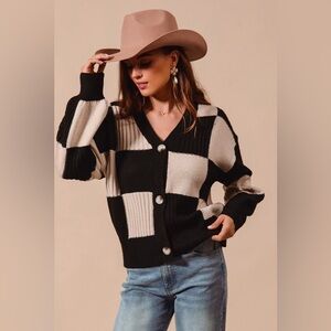 Oatmeal black color block checkered button cardigan bubble boho sleeve sweater